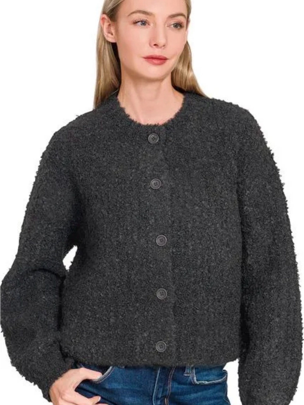 Zenana Outfitters Charcoal Bouclé Button-Front Cardigan